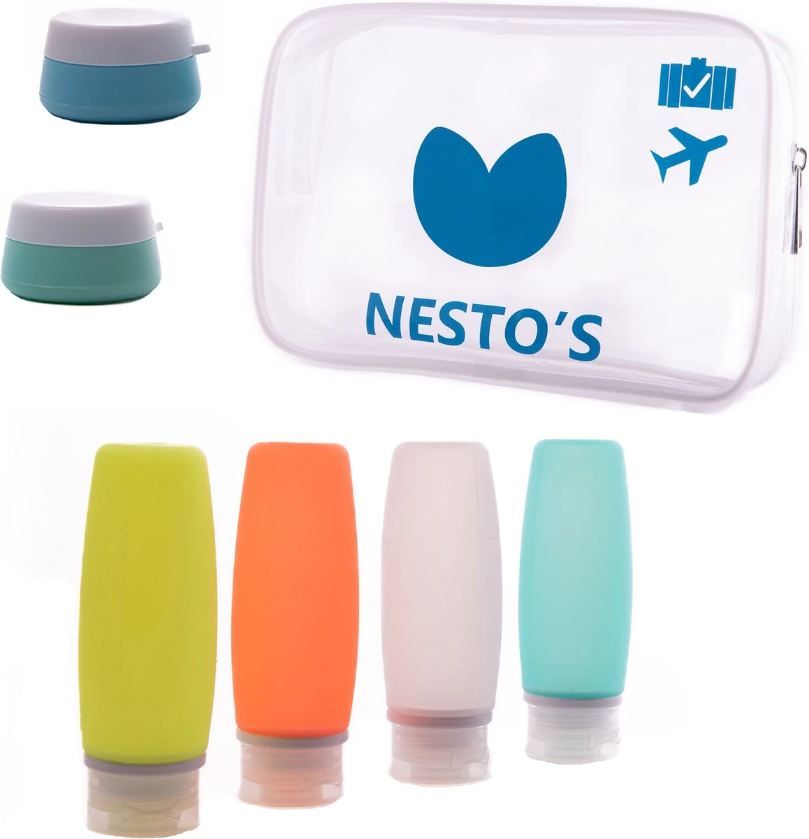 Nesto's® Reisflesjes - Inclusief Toilettas - Siliconen - Reisflacons - Handbagage - 100ml - 6 Stuks 3 Nesto's® Reisflesjes - Inclusief Toilettas - Siliconen - Reisflacons - Handbagage - 100ml - 6 Stuks