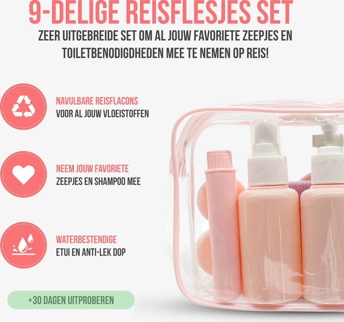 Reisflesjes Set 9-delig - Reisset - Reisflesjes Handbagage - Reis Toilettas - Reisflacons - Vliegtuig - Navulbare Reisflesjes - Roze 9 Reisflesjes Set 9-delig - Reisset - Reisflesjes Handbagage - Reis Toilettas - Reisflacons - Vliegtuig - Navulbare Reisflesjes - Roze - Afbeelding 7