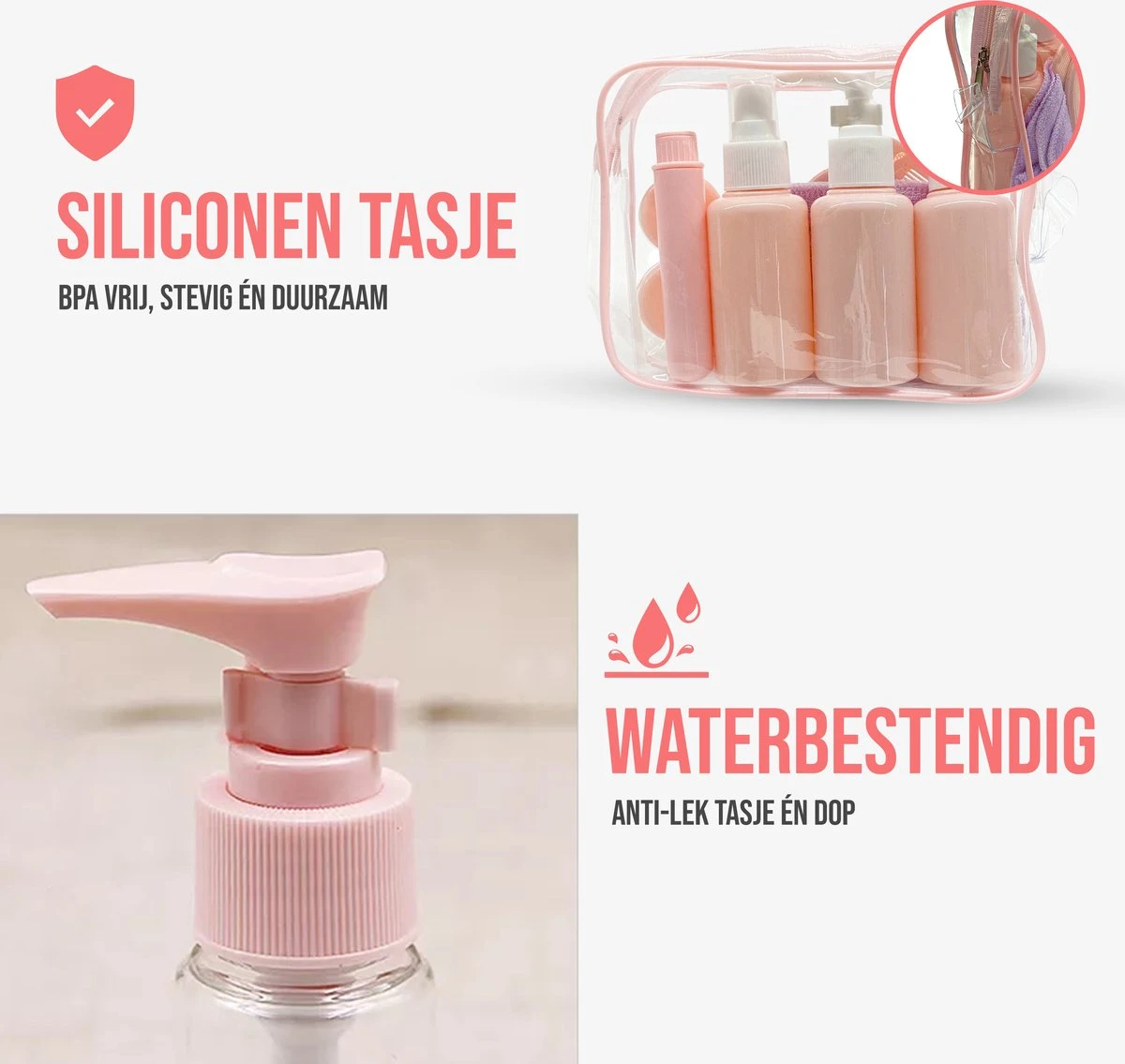 Reisflesjes Set 9-delig - Reisset - Reisflesjes Handbagage - Reis Toilettas - Reisflacons - Vliegtuig - Navulbare Reisflesjes - Roze 7 Reisflesjes Set 9-delig - Reisset - Reisflesjes Handbagage - Reis Toilettas - Reisflacons - Vliegtuig - Navulbare Reisflesjes - Roze - Afbeelding 5