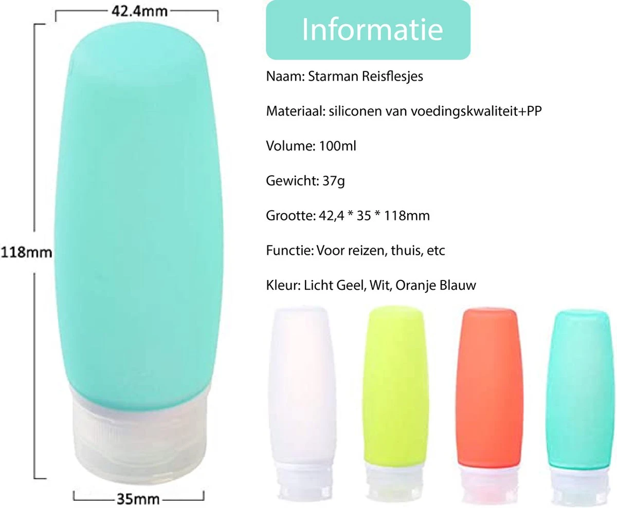 STARMAN Reisflesjes Set - Siliconen - Reisflacons - Handbagage - 100ml - 4 Stuks 8 STARMAN Reisflesjes Set - Siliconen - Reisflacons - Handbagage - 100ml - 4 Stuks - Afbeelding 6