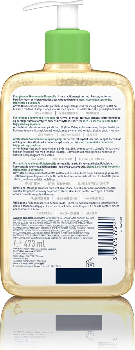 CeraVe - Hydrating Foaming Oil Cleanser - Voor Normale Tot Droge Huid - 473ml 4 CeraVe - Hydrating Foaming Oil Cleanser - Voor Normale Tot Droge Huid - 473ml - Afbeelding 2