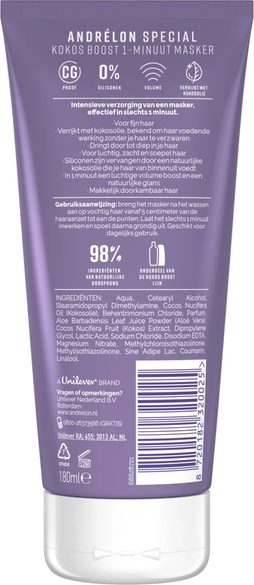 Andrélon Kokos Boost Haarmasker - 1 Minuut WOW Masker - 6 X 180 Ml – Voordeelverpakking 6 Andrélon Kokos Boost Haarmasker - 1 Minuut WOW Masker - 6 X 180 Ml – Voordeelverpakking - Afbeelding 4