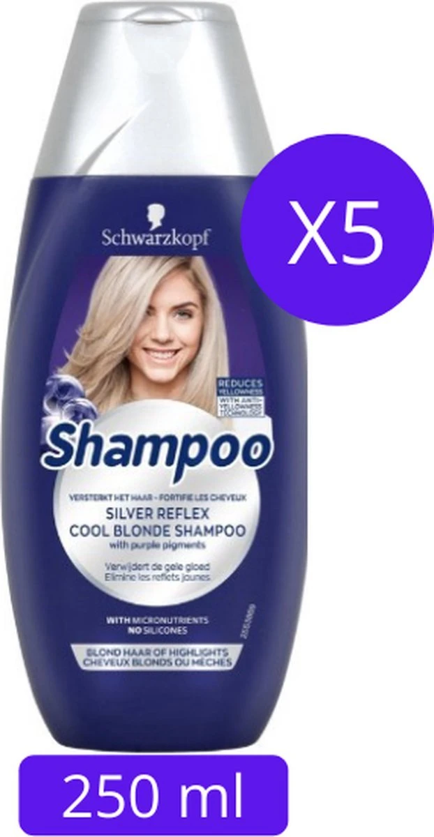 Schwarzkopf Reflex Silver Shampoo 5x 250ml - Voordeelverpakking 3 Schwarzkopf Reflex Silver Shampoo 5x 250ml - Voordeelverpakking