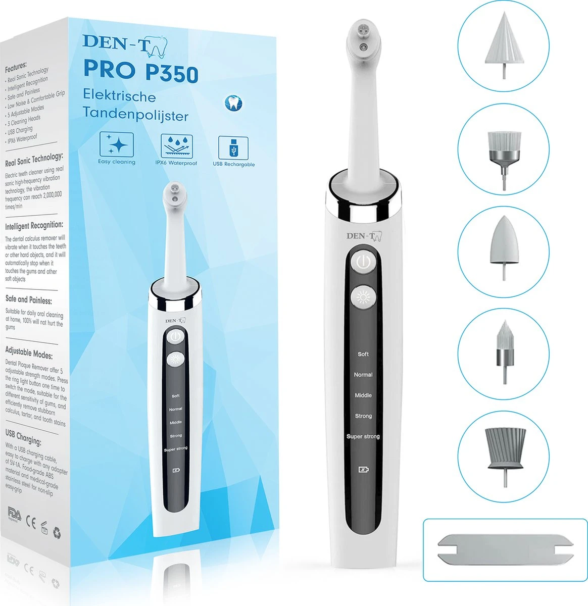 DEN-T® PRO P350 Elektrische Tandenpolijster - Wit - 5 Standen - 5 Opzetstukken - Polijstmachine - Polijstset - Tanden Polijsten - 3 DEN-T® PRO P350 Elektrische Tandenpolijster - Wit - 5 Standen - 5 Opzetstukken - Polijstmachine - Polijstset - Tanden Polijsten -