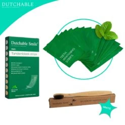 Dutchable Whitening Strips - Teeth Whitening Strips - Tandenbleek Strips - Met GRATIS Bamboe Tandenborstel - 100% Biologisch - Vegan - PAP+
