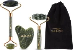 Sensage Jade Roller Met Gua Sha Steen | Massage | 100% Natuurlijk Groene Jade | Gezichtsroller | Face Roller | Roller | Gezichtsmassage | 4-delige Beauty Set