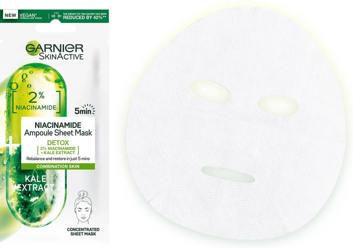 Garnier SkinActive Ampul Sheet Mask Met Boerenkool & Niacinamide - 5 Stuks 10 Garnier SkinActive Ampul Sheet Mask Met Boerenkool & Niacinamide - 5 Stuks - Afbeelding 8